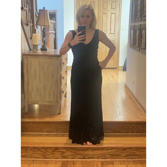 Vintage Betsey Johnson Black Crushed Velvet Maxi low back Dress M/L Whimsigoth - Picture 1 of 11